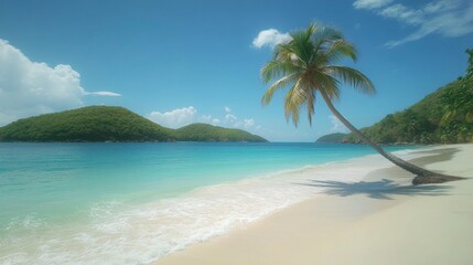 Tranquil Tropical Beach with Palm Tree and Clear Blue Waters