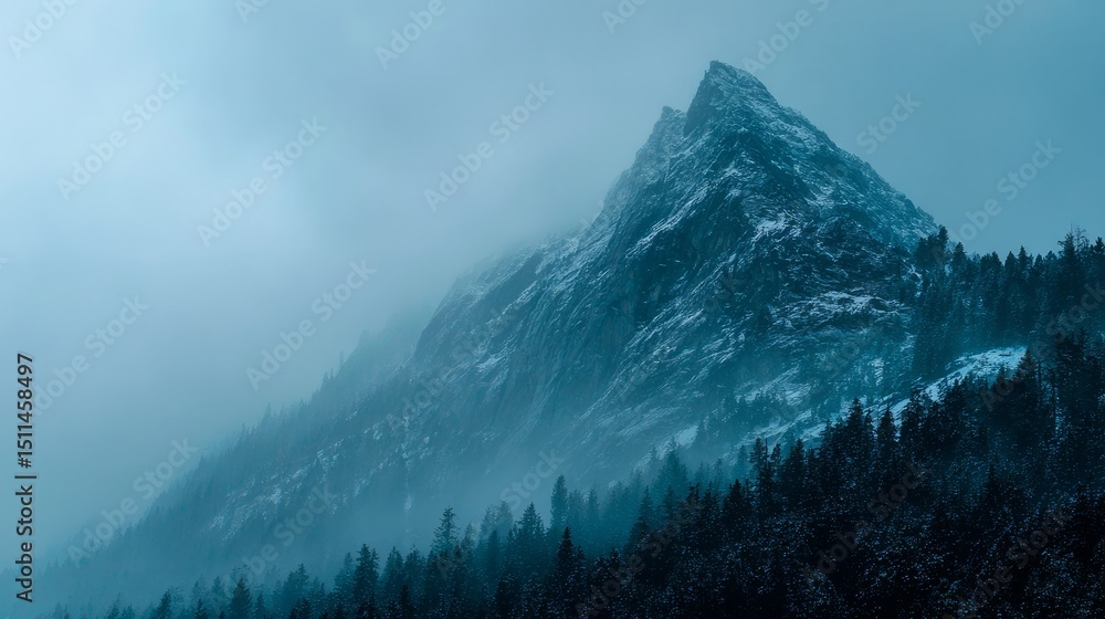 Poster mountains shrouded in mist with a snowy peak and dense forest at twilight showcasing pointillism sty