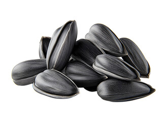 Close-up of a pile of fresh black sunflower seeds perfectly arranged on a white background, detailed texture and natural appearance of the seed s