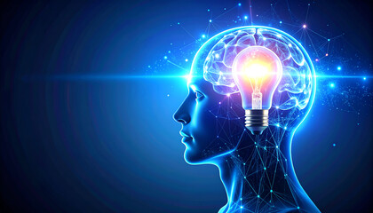 A glowing light bulb emerges from a human head, symbolizing creativity and innovative thinking against a blue digital background