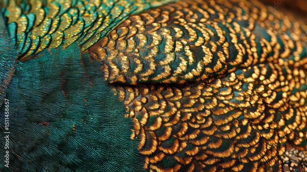 Poster pointillism style artwork of a peacock feather displaying intricate patterns and vibrant colors