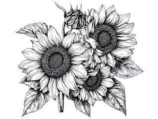 Detailed black and white illustration of three sunflowers with large petals and detailed centers, accompanied by lush leaves and intricate shading, perfect for art and botanical themes