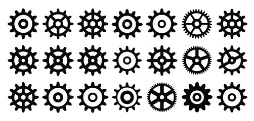 Collection of Black Gear Icons on White Background