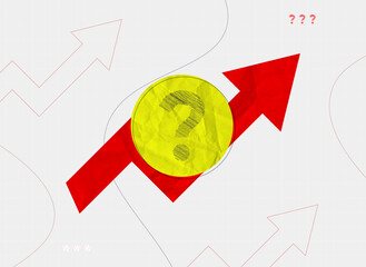 Business graph with red arrow. scribble question mark on yellow rapped paper. Investment growth collage art. Contemporary retro vector illustration.