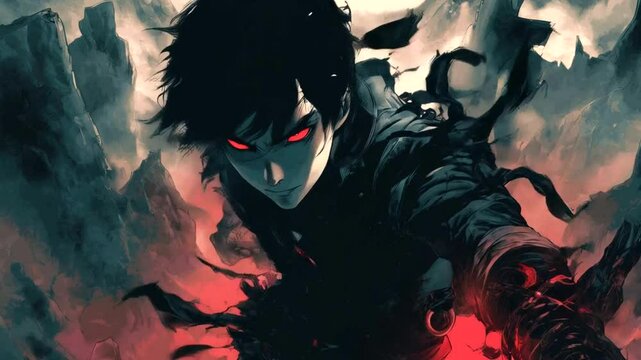 Dark male figure with red eyes against a stormy landscape.