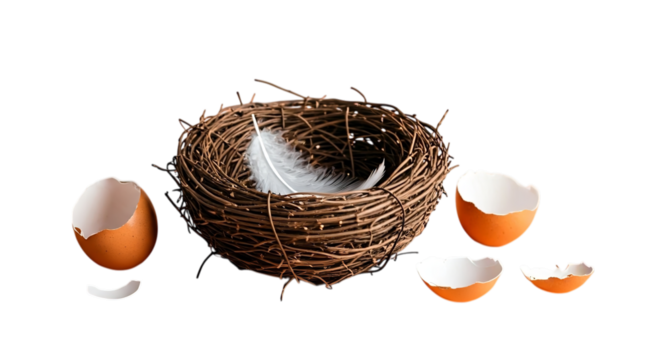 A bird's nest with a white feather and broken eggshells on a black background in a studio setting