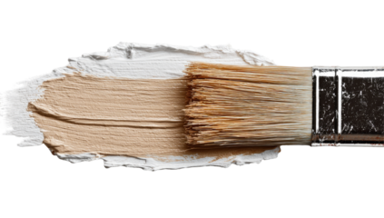 Close-up of a makeup brush dipped in beige cream, smudging across a white base isolated on transparent background