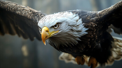 Obraz premium Close-up of a majestic bald eagle in flight.