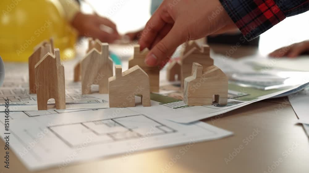 Poster architect and engineer discuss about building blueprint on table with architectural document, measur