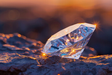 Fototapeta premium A large, clear, faceted diamond resting on dark, rough, rocky terrain, bathed in warm, golden sunset light, sparkling with internal and external reflections
