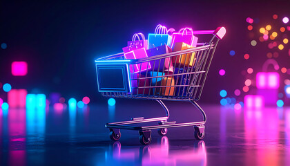 A glowing shopping cart filled with colorful gift bags, set against a vibrant, illuminated background, evoking a sense of excitement and modern retail