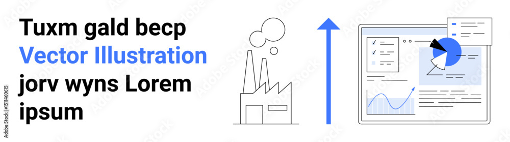 Poster factory emitting smoke, data dashboard with chart pie and line graphs, upward arrow. ideal for analy