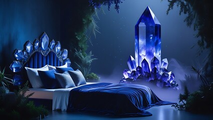 Luxurious bedroom design featuring elegant bed and sparkling crystals with atmospheric lighting