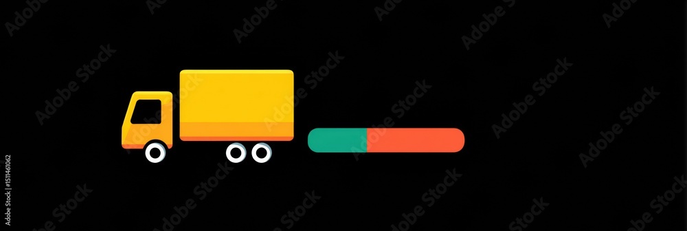 Poster delivery status bar progress with animated delivery truck illustration on a dark background