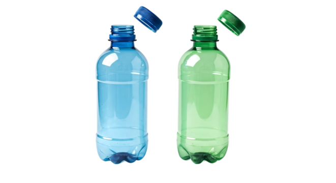 Two plastic bottles one blue and one green with their caps floating above them on a black background