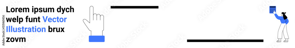 Poster hand gesture pointing towards text block and horizontal lines, person holding a square on the side. 