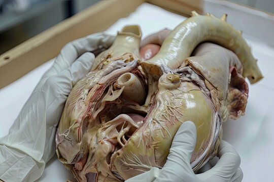 Human heart dissection in educational style, with anatomical layer details
