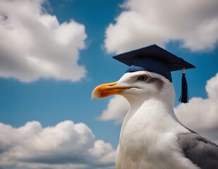 seagull wearing a graduation cap with a blue sky in the background