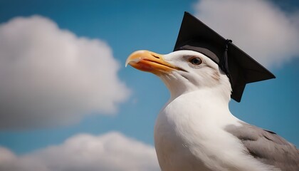 seagull wearing a graduation cap with a blue sky in the background
