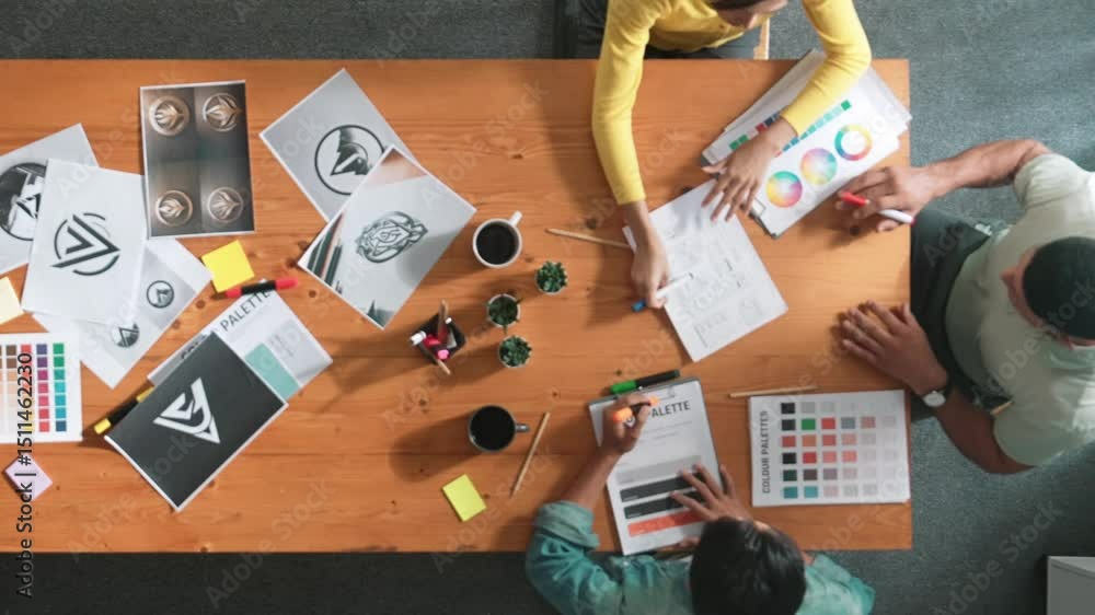 Poster top view of business people working together to choosing color from color palette. project manager p