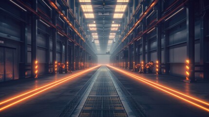 Futuristic Warehouse Interior with Neon Lights and Empty Aisle