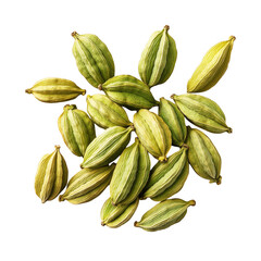 Green cardamom pods pile isolated on transparent background
