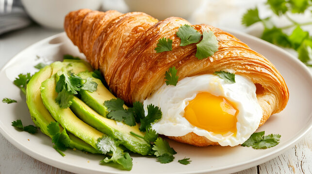 Elegant breakfast featuring a croissant with poached egg and avocado garnished with cilantro