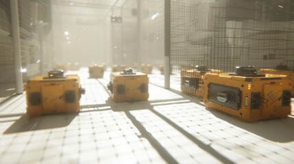 Futuristic Warehouse with Yellow Cargo Boxes in a Bright Environment