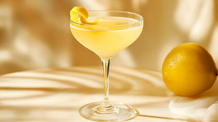 Elegant citrus-infused cocktail with a lemon twist, presented against a light champagne-toned background