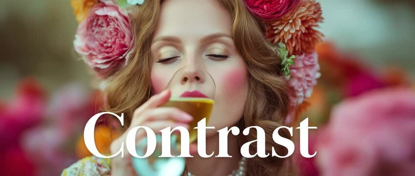 Elegant woman chugging down white wine with floral headpiece and ethereal makeup. The word "Contrast" in white at the bottom.