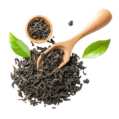 Fototapeta premium Loose black tea leaves in wooden spoon isolated on transparent background