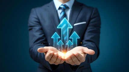 Man in suit with growth icon – corporate development visualization  
