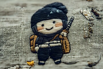 Minimalist embroidery depicting a ninja with a ninja acid face smiling walking with a backpack. , in an oshare kei style 