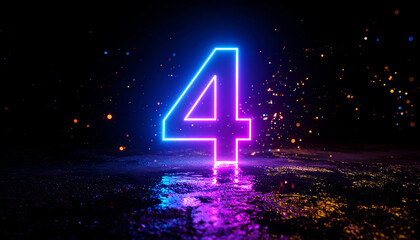 A vibrant, glowing number "4" illuminated with neon colors against a dark background, creating a captivating visual effect