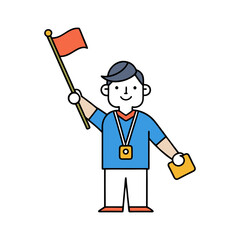 Happy male tour guide holding flag and information brochure