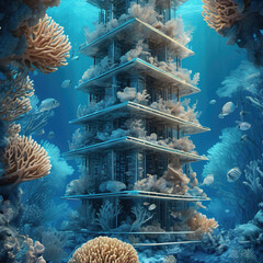 Bio-Engineered Coral Tower in Isometric Cyanotype Art