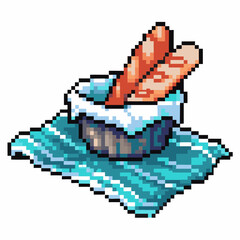 Obraz premium pixel art breadsticks in bowl on blue placemat, simple retro design