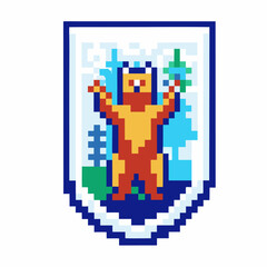 Fototapeta premium Pixel bear emblem retro digital art with blue tree background, wilderness, nature