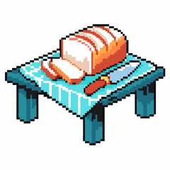 pixel art bread on cutting board with knife retro gaming kitchen illustration, sliced loaf
