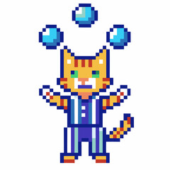 Fototapeta premium pixel art juggling cat retro anthropomorphic feline balancing blue balls, striped outfit, playful animation concept