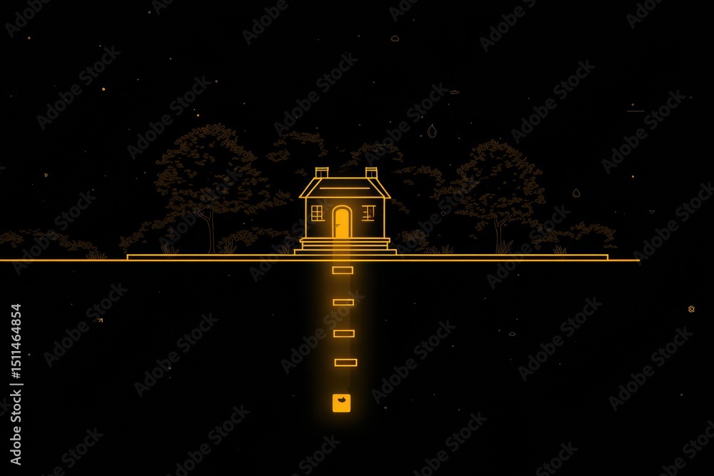 Poster glowing doorstep icon signals destination on animated map route with clean design