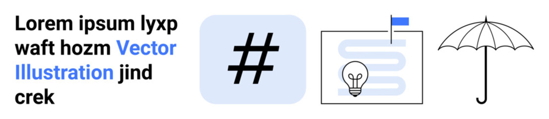 metadata tag sign, lightbulb on a map with flag, open umbrella, placeholder text. Ideal for innovation, protection, planning, ideas, branding social media templates simple landing page