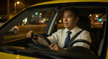 Night Drive Focused Man Driving Car at Night, City Lights Blurred in Background