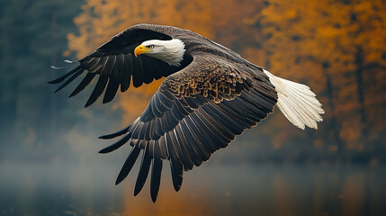 Obraz premium Majestic bald eagle in flight against a backdrop of autumn foliage.