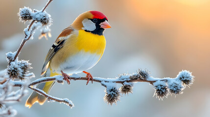 Fototapeta premium A vibrant bird perches on a snowy branch.