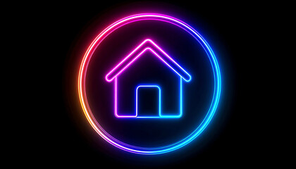 A neon house icon set against a dark background, radiating vibrant colors, symbolizes home and comfort in a modern, digital style