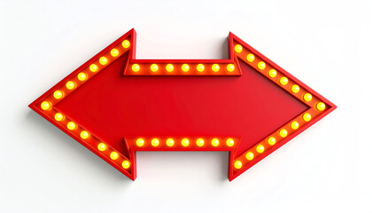 A bright red, illuminated arrow sign with yellow lights, pointing left, set against a white background, perfect for directing attention