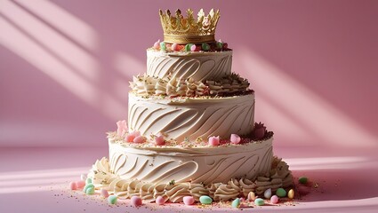 Three tiered elegant birthday cake topped with a golden crown on a pink background