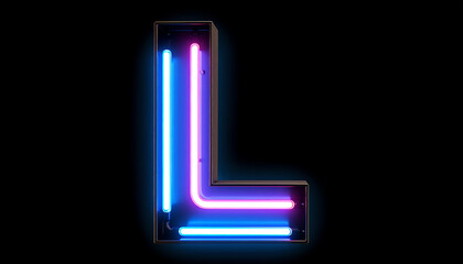 A vibrant neon letter "L" illuminated with blue and pink lights against a dark background, creating a striking visual contrast