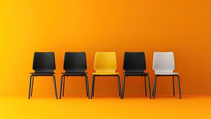 Five chairs, one different color, against orange background